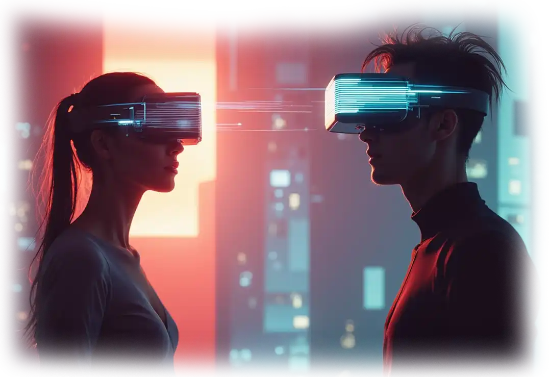 Futuristic man and woman wearing high-tech VR headsets, facing each other with digital light streams connecting them in a neon-lit cityscape – immersive virtual reality experience for AI-powered storytelling, gaming, and social interaction.