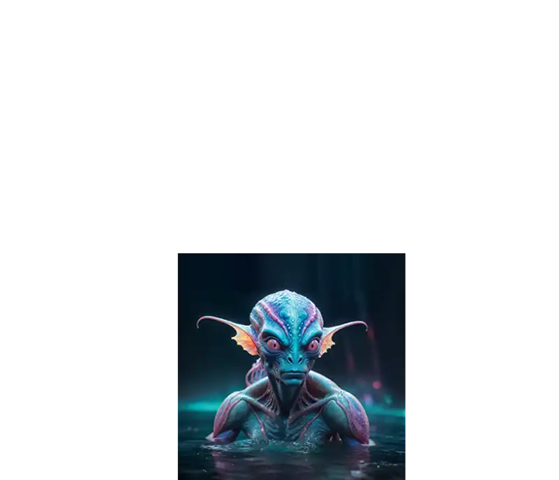 Bioluminescent amphibious creature with iridescent blue skin and finned ears emerging from dark waters – mysterious AI-generated aquatic character for fantasy or sci-fi roleplay.
