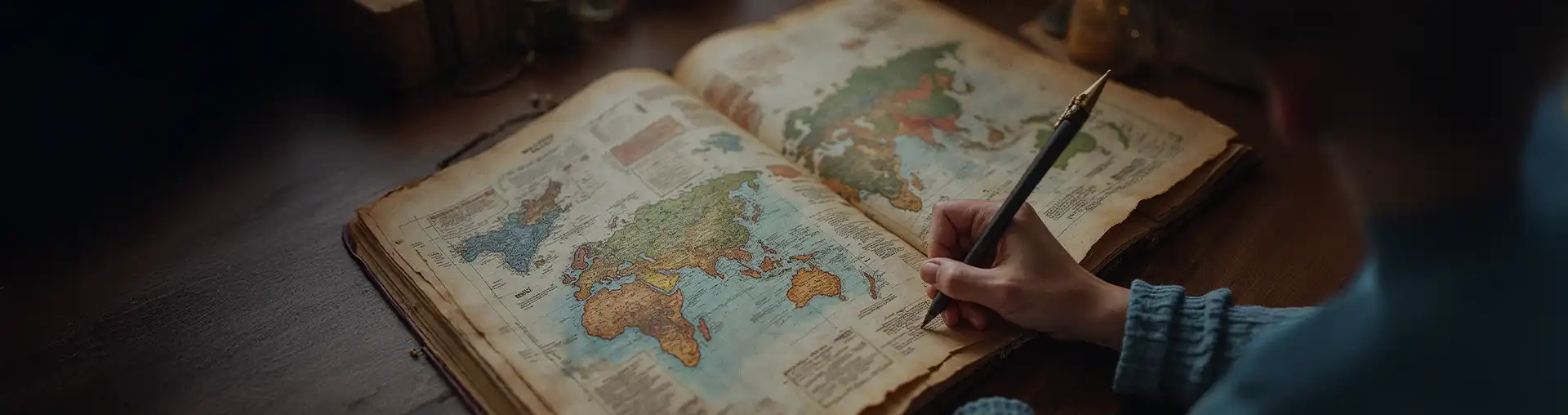 Close-up of a writer's hand sketching notes beside an aged world atlas with antique-style maps, evoking exploration, storytelling, and historical worldbuilding – ideal for fantasy writers, RPG campaign creators, or lore development.