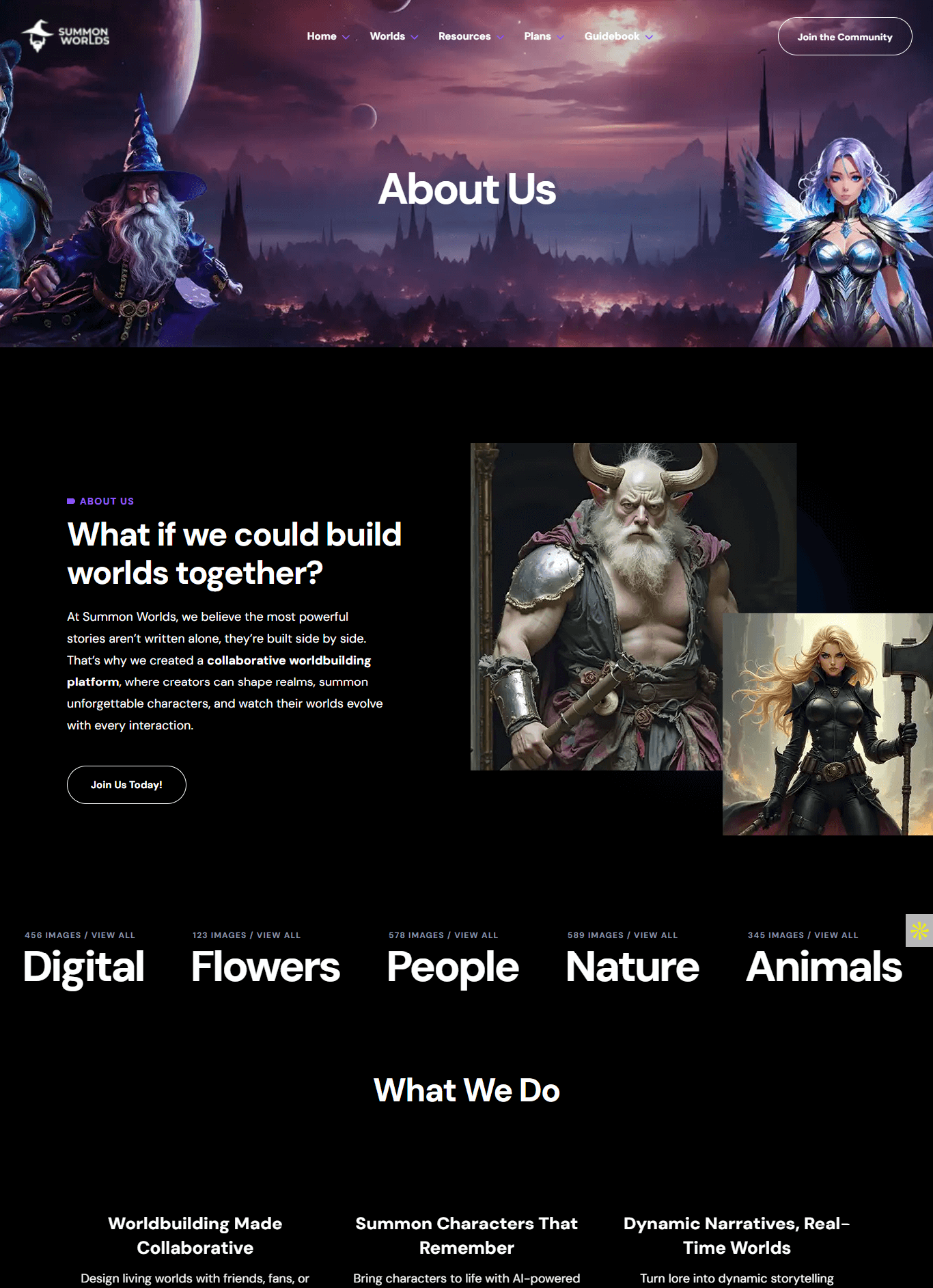 Epic fantasy party lineup featuring a muscular armored bear warrior, a wise old wizard in a pointed hat, a radiant winged female elf with glowing armor, and a noble white dragon humanoid – set against a surreal alien twilight landscape with jagged mountains and multiple moons, perfect for immersive AI-powered roleplay and worldbuilding.