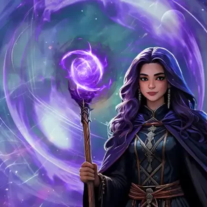 Confident dark-haired sorceress wielding a glowing purple staff, standing before a swirling magical vortex – AI-generated fantasy heroine ideal for storytelling, roleplay campaigns, or spellcaster character design.