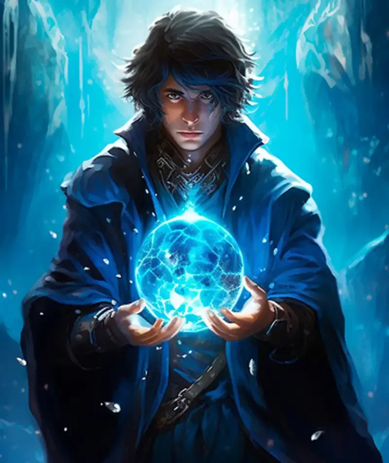 Powerful sorcerer summoning energy within an icy cavern, holding a glowing blue orb that channels the essence of AI-enhanced storytelling—ideal for epic adventures on Summon Worlds.