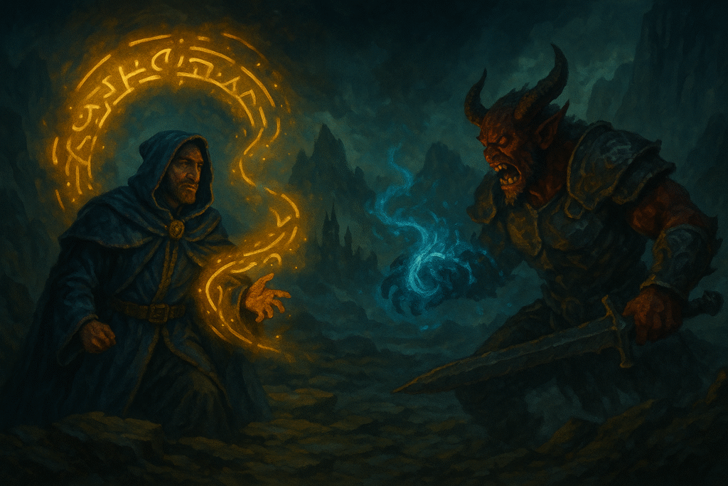 On a mist-covered battlefield beneath jagged mountains, a hooded mage in a blue robe summons glowing golden dialogue glyphs, while a red-skinned demon in black armor roars, conjuring swirling blue energy in his claws.