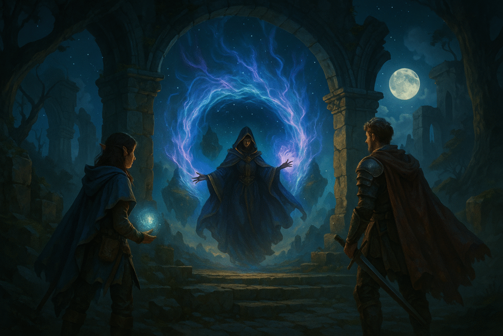 Amid ancient stone ruins under a full moon, a hooded sorceress floats before a glowing rune-carved archway, conjuring a radiant portal of swirling purple and blue energy.