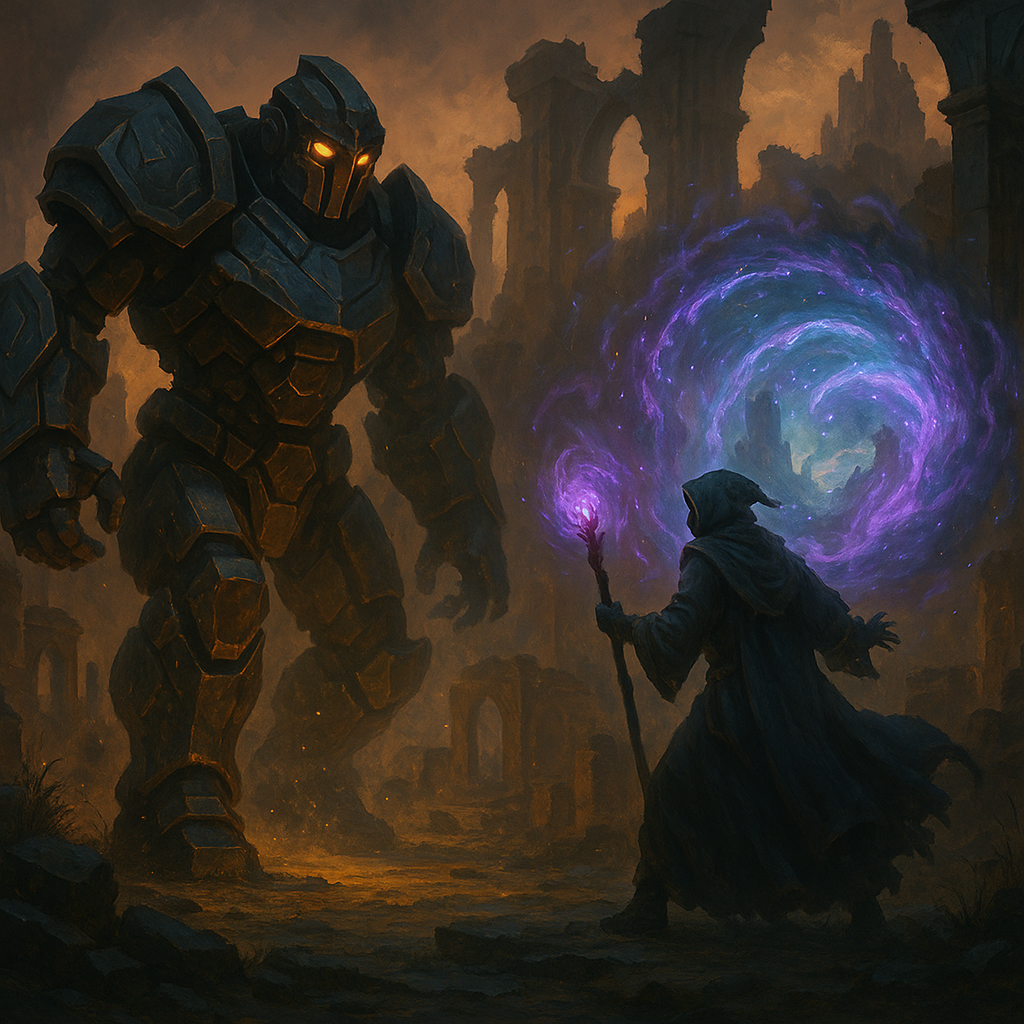 In a ruined stone city at dusk, a towering armored golem with glowing yellow eyes confronts a hooded sorcerer wielding a staff.