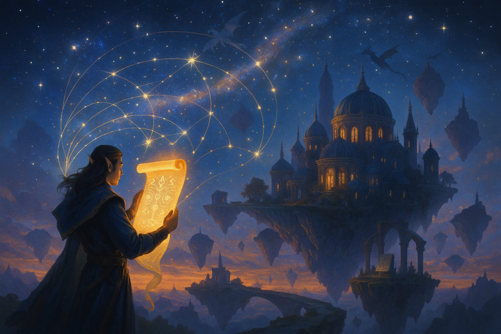 An elf stands on a floating island at dusk, holding a glowing scroll that projects golden constellations into the night sky.