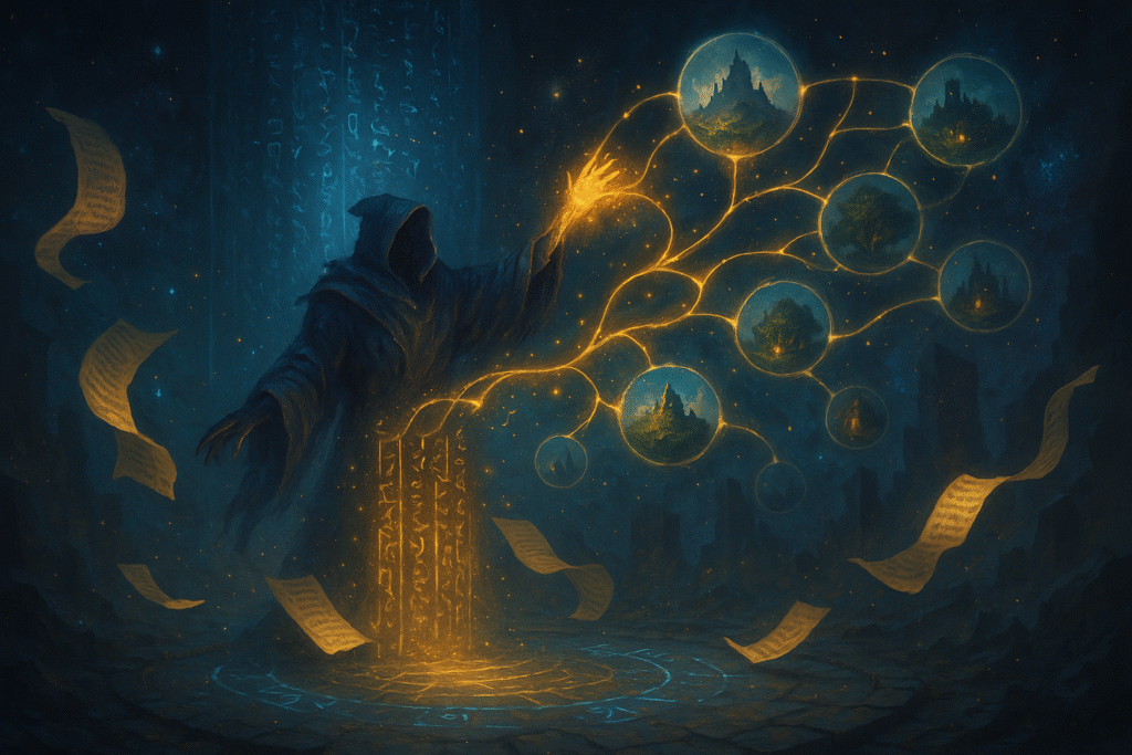 A hooded sorcerer cloaked in deep purple stands on a glowing rune circle, summoning radiant golden threads of magic