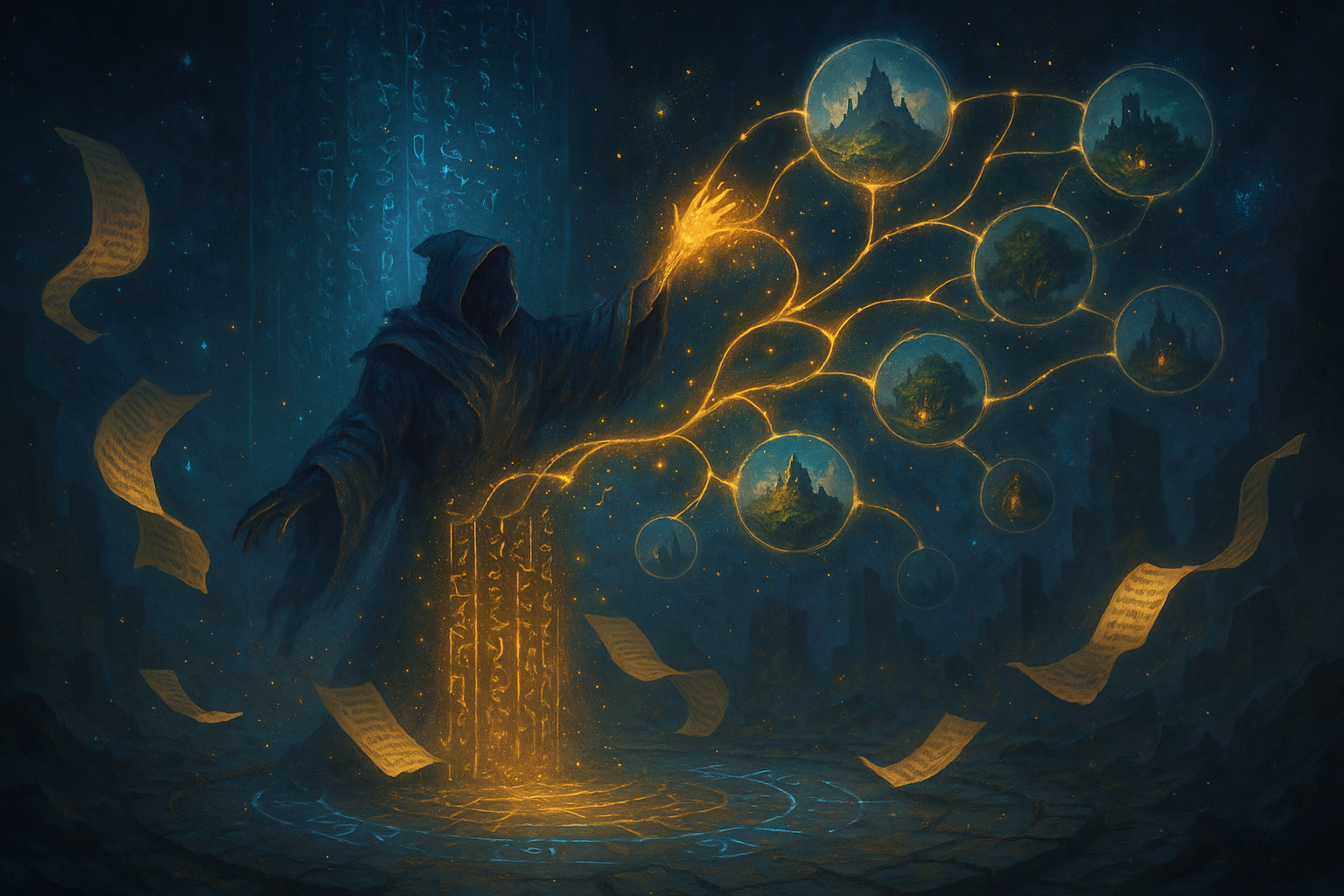 A hooded sorcerer cloaked in deep purple stands on a glowing rune circle, summoning radiant golden threads of magic