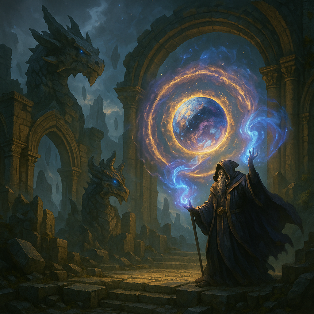 A robed sorcerer stands before colossal stone ruins guarded by dragon statues, conjuring a radiant celestial portal.